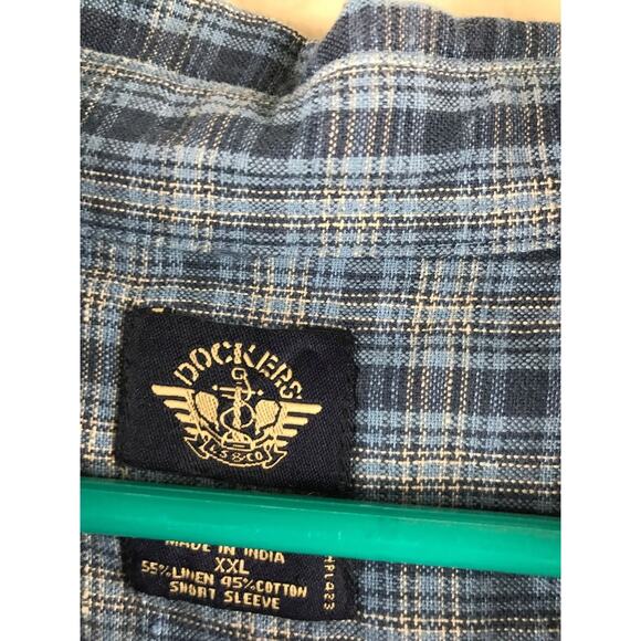 DOCKERS Mens Cotton Linen Short Sleeve Button Down Shirt Blue Check Size XXL - Picture 4 of 4